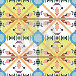 abstract and colorful pattern featuring repeating square and diamond motifs
