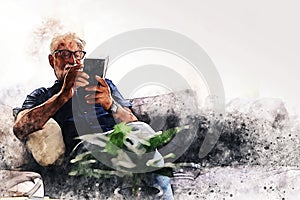 Senior man sitting and playing mobile phone app at home on watercolor illustration painting background.