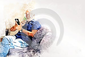 Senior man sitting and playing mobile phone app at home on watercolor illustration painting background.