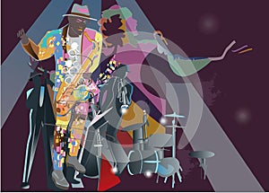 Abstract colorful posters with musicians and musical instruments at the party. Jazz band.