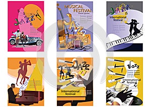 Abstract colorful posters with musicians and musical instruments at the party. Jazz band.