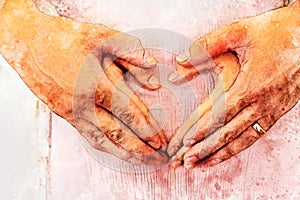 Pregnant woman with husband and hand love sign on watercolor illustration painting background.