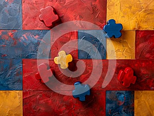 Abstract Colorful Puzzle Pieces Artwork on Textured Red and Blue Background for Creative Concept