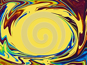 Abstract colorful rainbow fluid texture frame background. Bright Illuminating yellow circle. Color gradient. Copy space. Modern