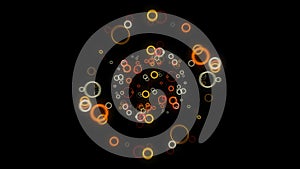 Abstract colorful rings flowing slowly towards the camera on black background, seamless loop. Animation. Yellow and photo