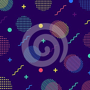 Abstract colorful seamless geometric pattern in retro 80s style.