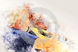 Abstract colorful senior man playing acoustic guitar in the foreground on Watercolor painting background.