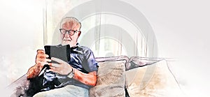 Senior man sitting and playing mobile phone alone at home on watercolor illustration painting background.