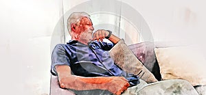 Senior man sitting and playing mobile phone alone at home on watercolor illustration painting background.