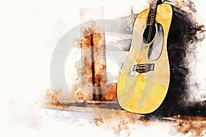 Abstract colorful shape on acoustic guitar in the foreground on watercolor painting background.