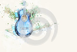 Abstract colorful shape acoustic guitar on green grass on watercolor illustration painting background.