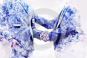 Abstract colorful shape on Business handshake concept on watercolor illustration painting.