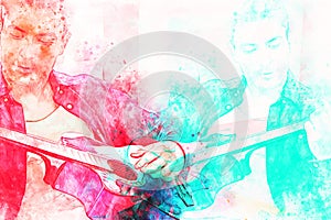 Abstract colorful shape on business man playing acoustic guitar watercolor illustration painting background.