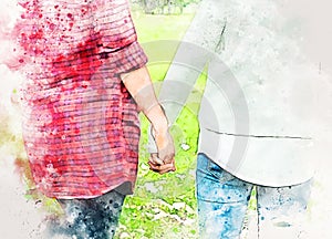 Mother walked hands in daughter garden on watercolor illustration painting background.