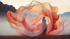 Abstract colorful smoke scarf blowing in the wind over a desert landscape with a woman in silhouette. Concept art sunset.