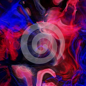 Abstract colorful smoke swirls in bright neon red, pink and blue on black background