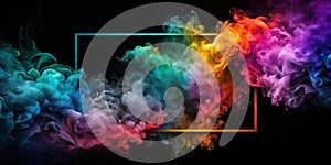 Abstract colorful smoke swirls with a rectangular frame for design elements. Generative AI