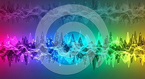 Abstract colorful sound wave visualization with digital elements and gradient background