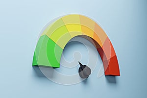 Abstract colorful speedometer scale on background. Performance, pointer rating risk levels, meter, tachometer. 3D Rendering