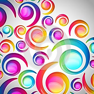 Abstract colorful spiral arc-drop pattern on a light background. Transparent colorful elements and circles design card.