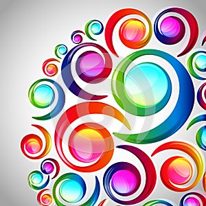Abstract colorful spiral arc-drop pattern on a light background. Transparent colorful elements and circles design card.
