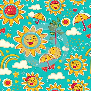 Abstract colorful summer pattern with hand drawn beach elements. Fashion print design