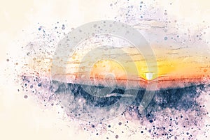 Abstract colorful sunrise in morning on watercolor illustration painting background.