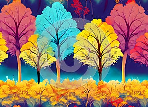 Abstract colorful tree autumn landscape seamless pattern background on digital art, Generative AI