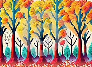 Abstract colorful tree autumn landscape seamless pattern background on digital art, Generative AI