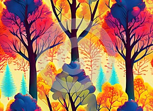 Abstract colorful tree autumn landscape seamless pattern background on digital art, Generative AI