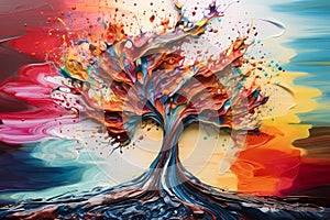 abstract colorful tree with splashes of paint on a colorful background in acrylic stle