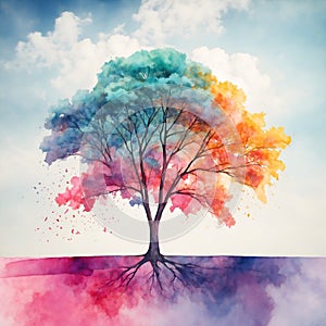 Abstract colorful tree, watercolor