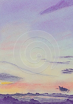 Abstract colorful twilight sky watercolor background. Hand drawn painting art