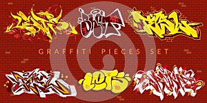 Abstract Colorful Urban Graffiti Pieces Or Street Art Lettering Vector Illustration Set