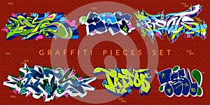 Abstract Colorful Urban Graffiti Pieces Or Street Art Lettering Vector Illustration Set