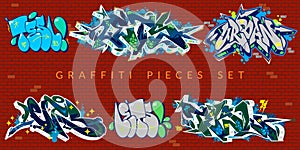 Abstract Colorful Urban Graffiti Pieces Or Street Art Lettering Vector Illustration Set