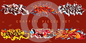 Abstract Colorful Urban Graffiti Pieces Or Street Art Lettering Vector Illustration Set