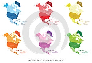 Abstract colorful vector set of North America map with countries and their respective capital.
