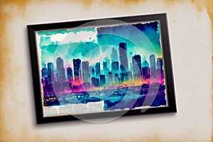 Abstract colorful watercolor background with skyscrapers. beautiful silhouette of the city. Digital art, Generative AI