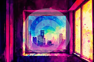 Abstract colorful watercolor background with skyscrapers. beautiful silhouette of the city. Digital art, Generative AI