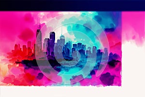 Abstract colorful watercolor background with skyscrapers. beautiful silhouette of the city. Digital art, Generative AI