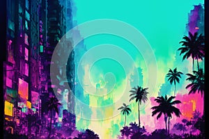 Abstract colorful watercolor background with skyscrapers. beautiful silhouette of the city. Digital art, Generative AI