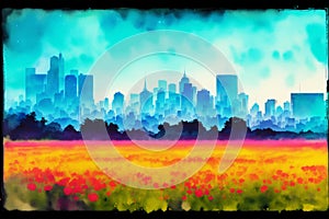 Abstract colorful watercolor background with skyscrapers. beautiful silhouette of the city. Digital art, Generative AI