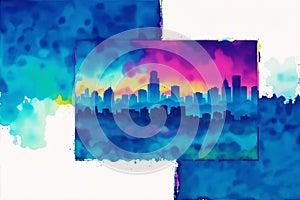 Abstract colorful watercolor background with skyscrapers. beautiful silhouette of the city. Digital art, Generative AI