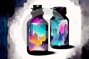 Abstract colorful watercolor background with skyscrapers. beautiful silhouette of the city. Digital art, Generative AI