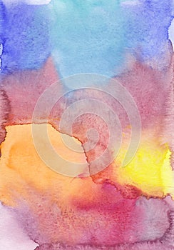 Abstract colorful watercolor background texture, hand painted. Artistic blue, pink, yellow, orange backdrop, stains on paper.