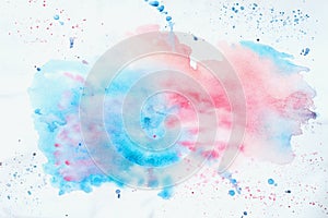 Abstract colorful watercolor hand drawn image for splash background, pink and blue shades on white. Artwork for creative