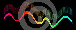 Abstract colorful wavy lines, stripes, isolated on black background