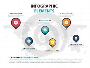 Abstract colorful world map with pin business Infographics elements, presentation template flat design vector illustration for web