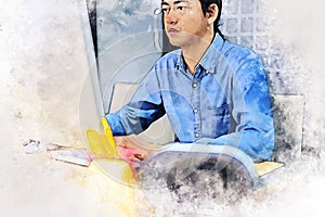 Young business man smile portrait and thinking at desk on watercolor illustration painting background.